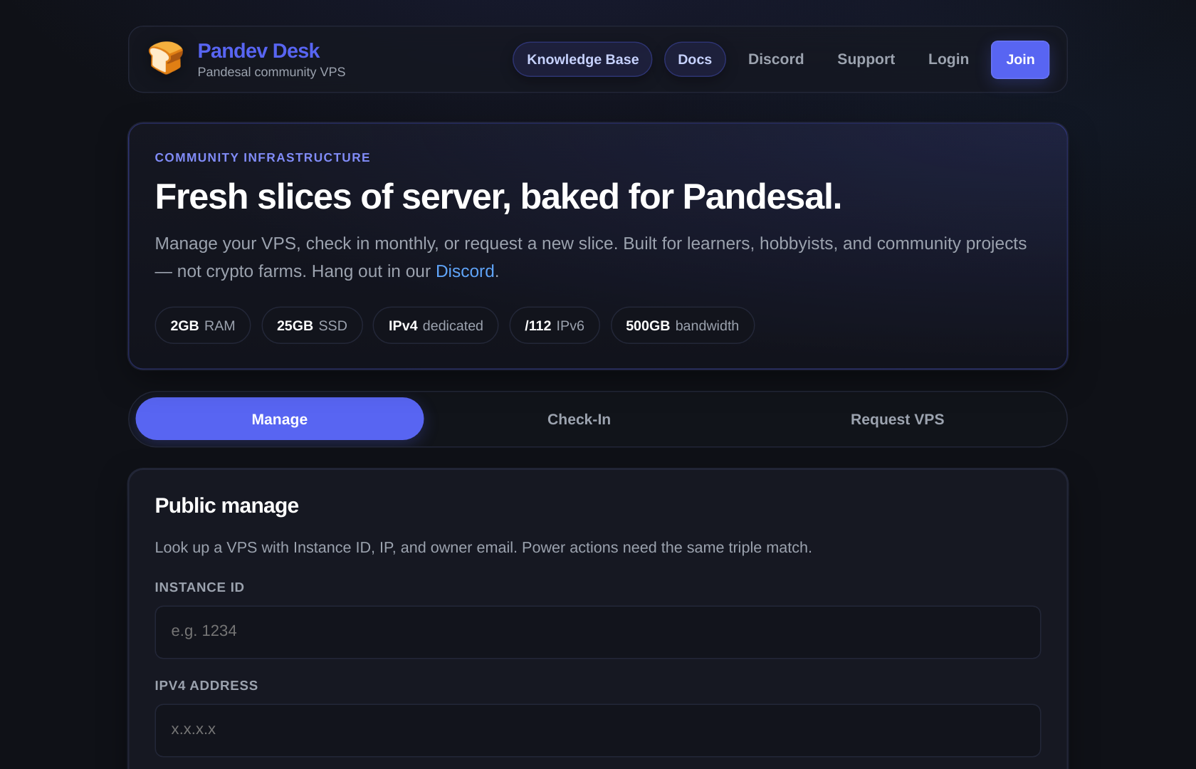 Manage tab on the public home